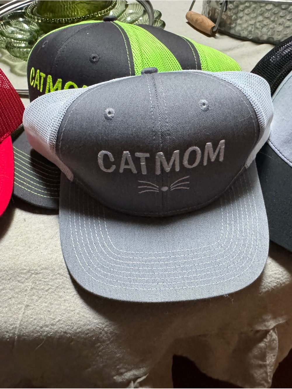 CATMOM Embroidered Trucker Hat - Gray/White
